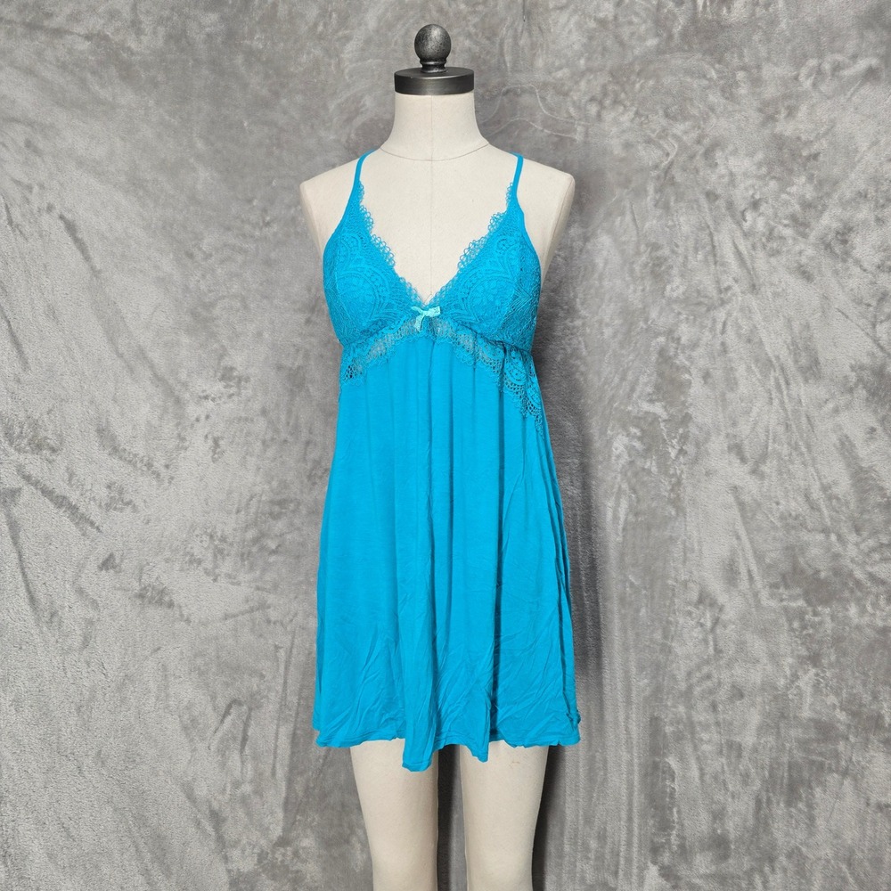 Victorias Secret Teal Blue Lace Babydoll Chemise Nightgown Slip Dress M Coquette
